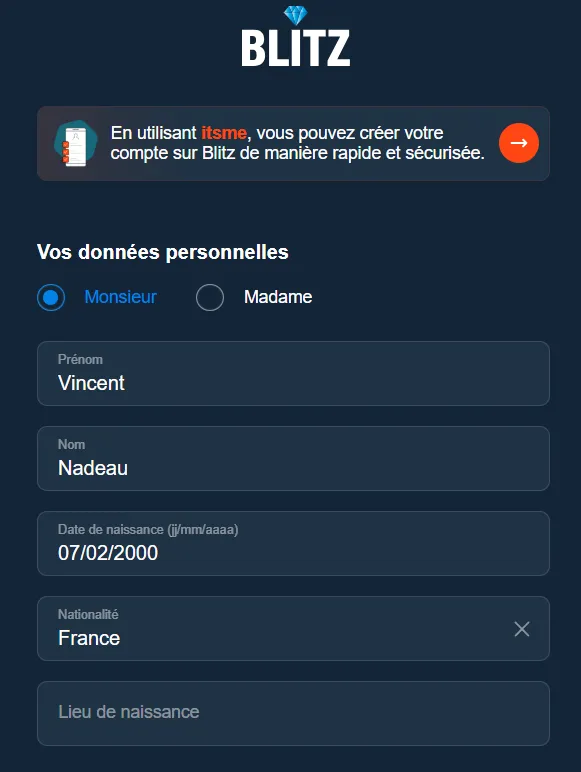 Étape 1 - Création du compte Blitz Casino